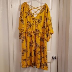 Torrid Yellow Floral Tie Waist Flare Sleeve Dress